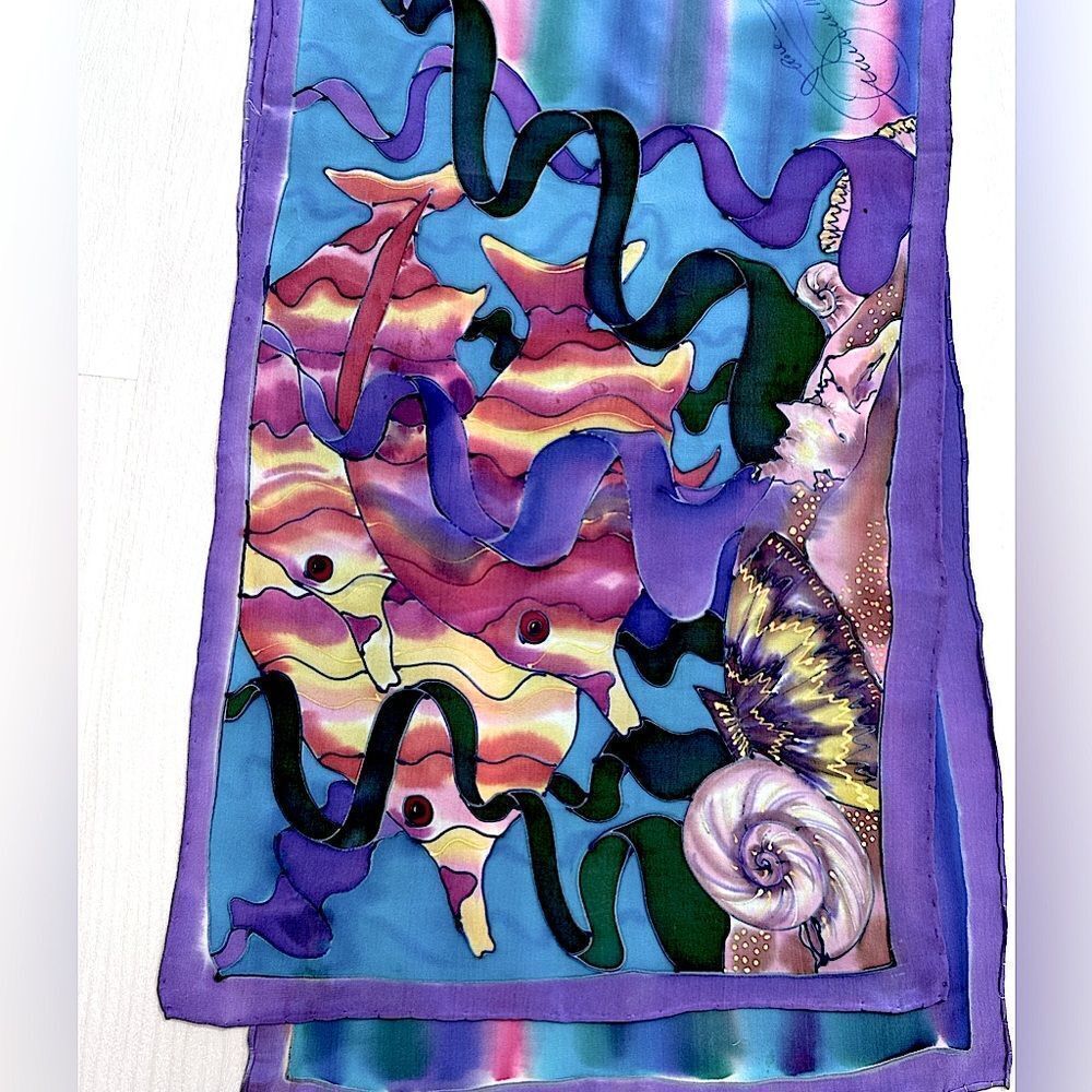 Hand painted artist blue hot pink tropical fish rectangle silk scarf